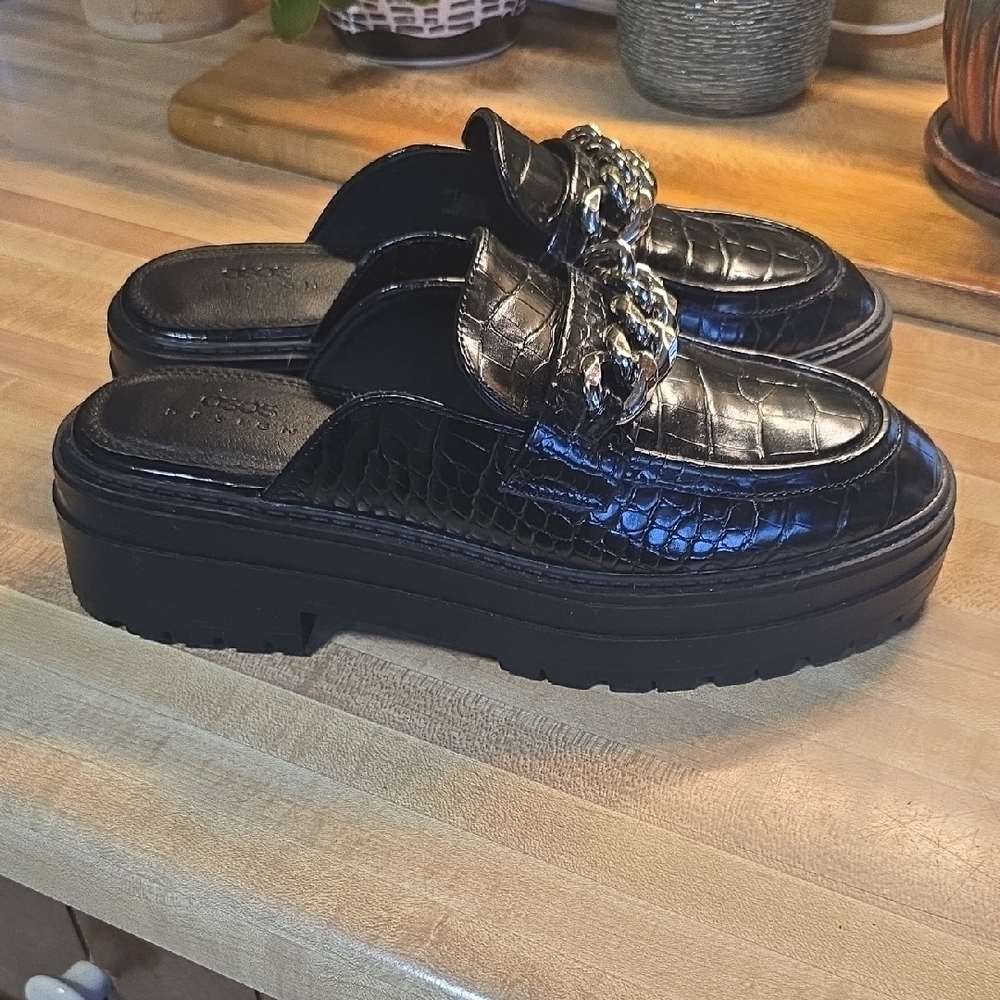ASOS Black Croc-Embossed Mules with Chain Accent - Picture 3 of 5